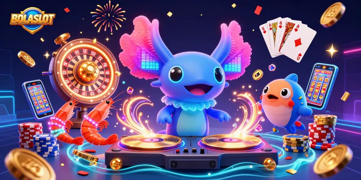BOLASLOT showcases vibrant scenes with a neon-colored axolotl DJ spinning slots, delivering winning vibes in a dynamic casino atmosphere.