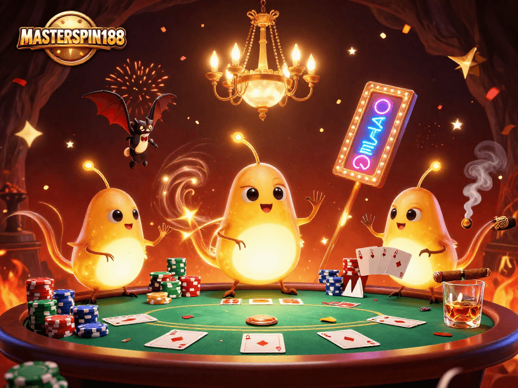 Engage with vibrant poker action at MASTERSPIN188, featuring glowworms and a bat dealer in a lively casino.