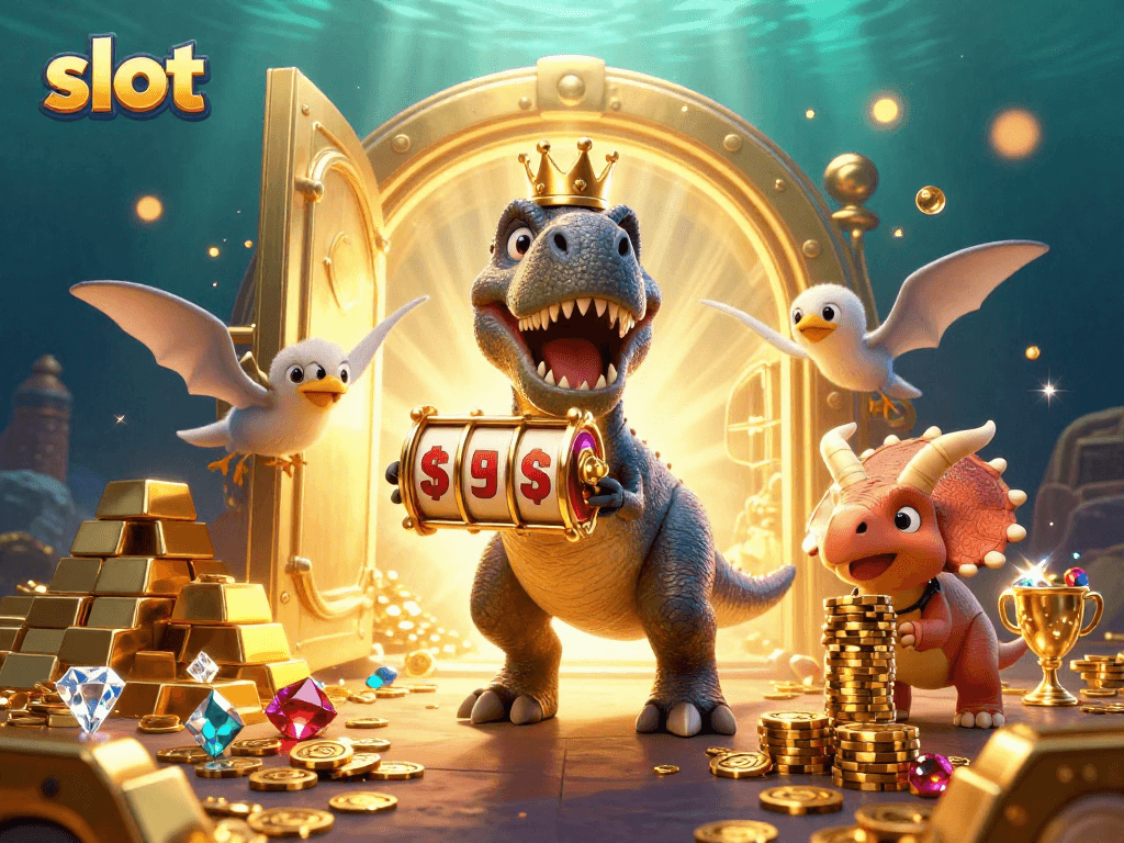 Menangkan slot dengan T-Rex lucu, kartu, dan chip emas dalam suasana kasino yang glamor.