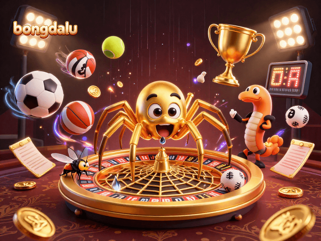 Bongdalu showcases an exciting betting scene with a golden spider and dynamic sports elements, capturing the thrill of online gambling.