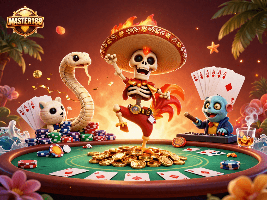 Join the celebration at MASTER188 with a skeleton mariachi surrounded by vibrant poker elements!