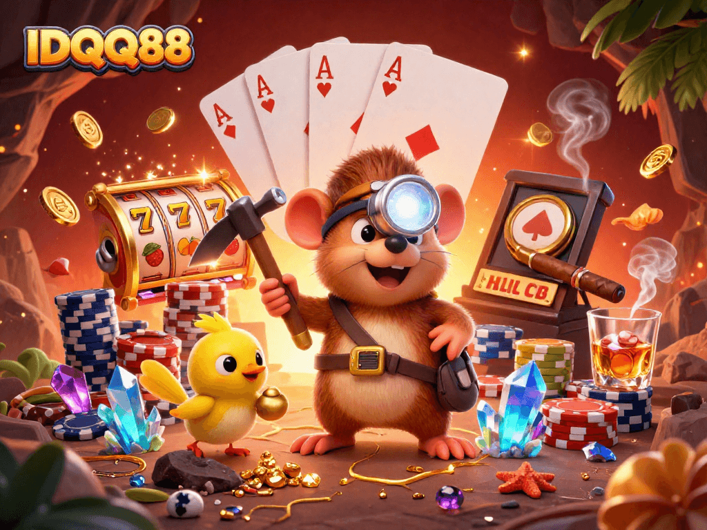 IDQQ88 features a treasure hunter mole and canary in a vibrant 3D casino scene with slot reels and poker elements.